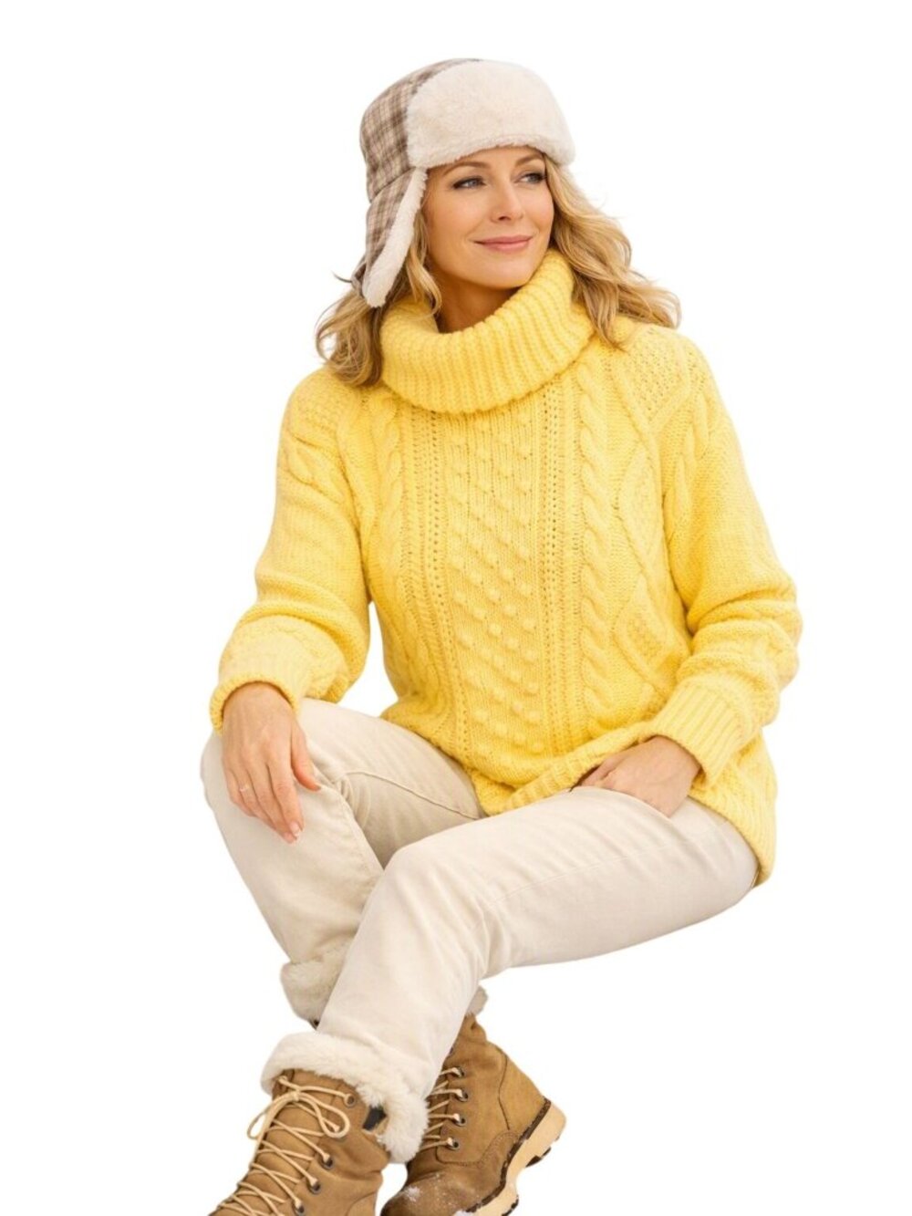 Lands End Yellow Chunky Knit Cable Cowl Neck Sweater Oversized Fisherman Cotton